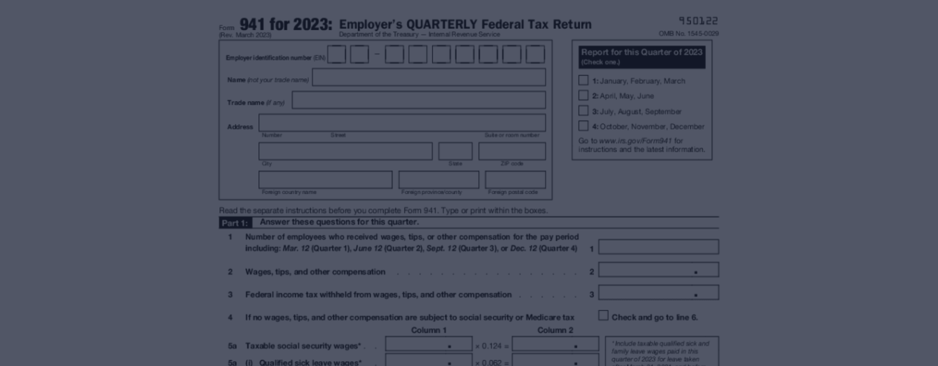 IRS Form 941 (2023) > Fillable 941 Form in PDF to File Quarterly Tax